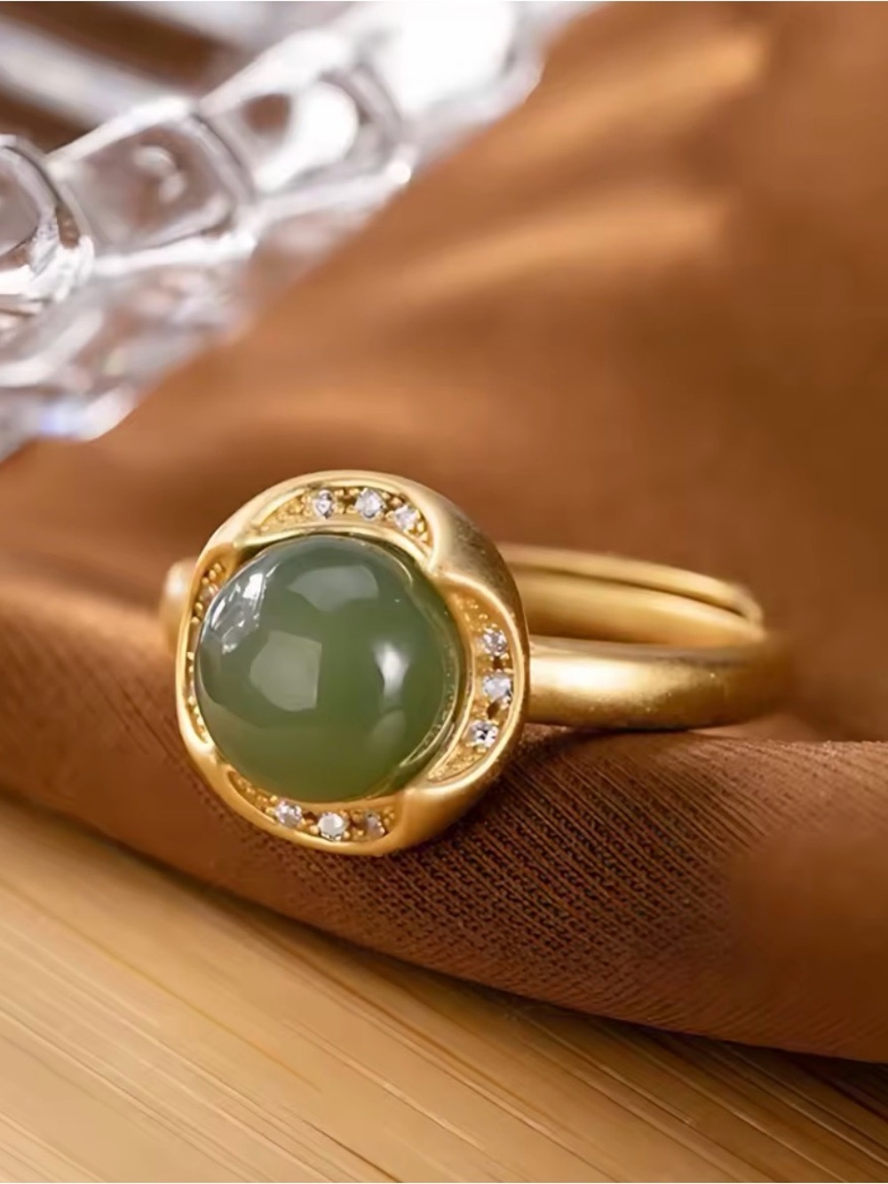 925 Gold Ring with Green Jade Center and Accent Crystals